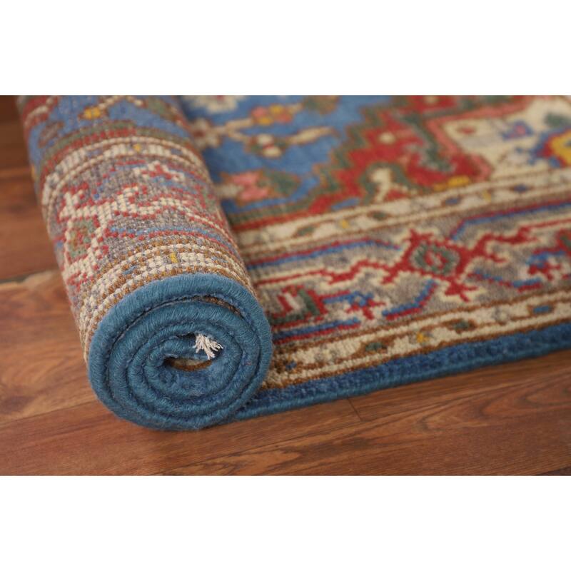 Blue Geometric Heriz Serapi Indian Foyer Rug Handmade Wool Carpet - 3'0"x 5'1"