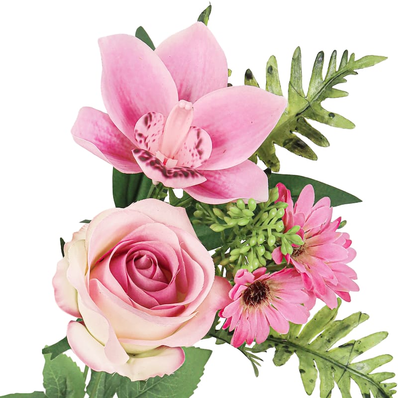 Set of 2 Pink Artificial Mixed Rose Cymbidium Orchid Daisy Flower Stem Bush Bouquet 16in - 16" L x 9" W x 9" DP