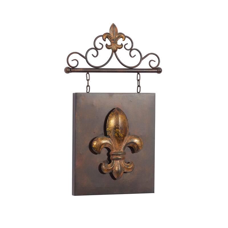 Bronze Metal Suspended Fleur De Lis Home Wall Decor with Scrollwork Hanger