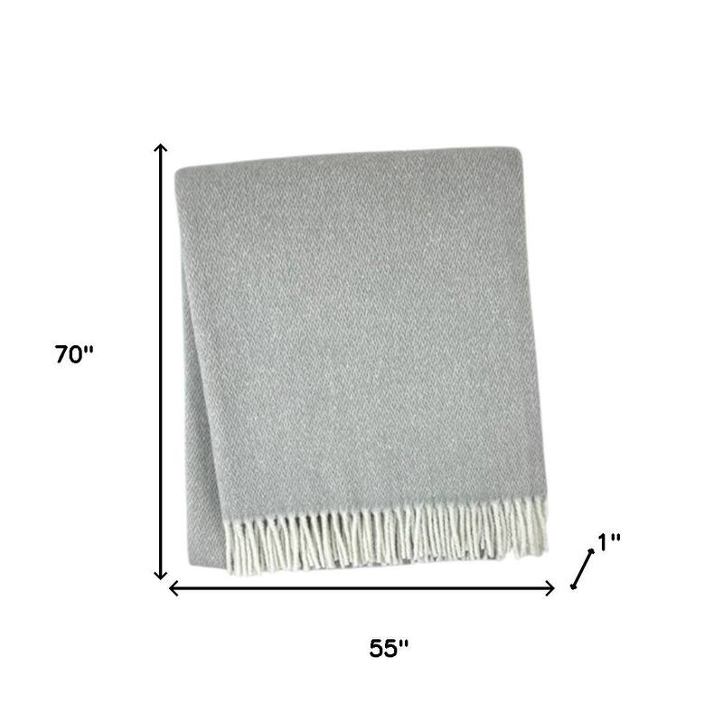 HomeRoots 55" X 70" Light Gray And White Herringbone Cotton And Microfiber Woven Throw Blanket with Fringe