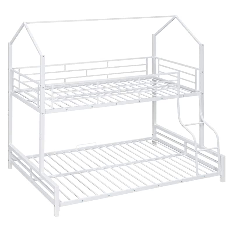 Metal House Bunk Bed with Roof, Ladder, and Fence for Kids