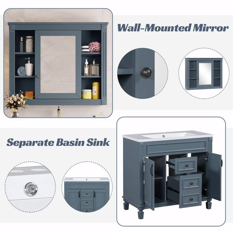 36'' Modern White Bathroom Vanity with Top Sink, Mirror Cabinet