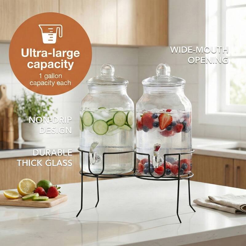 Rustic Home Beverage Dispenser Set/2 With Black Metal Stand