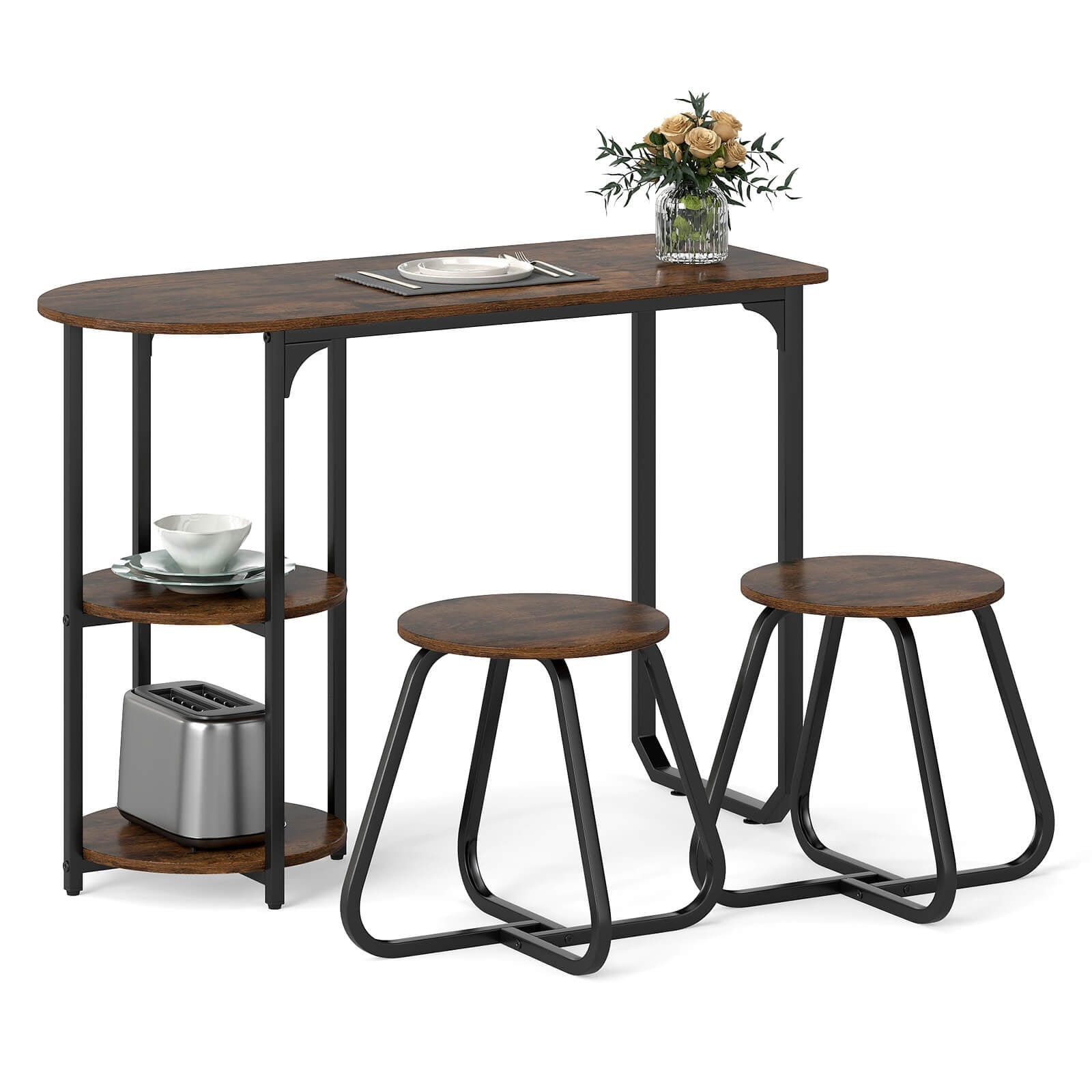 Costway 3 PCS Dining Table Set, Wooden Metal Kitchen Table & 2 Stools