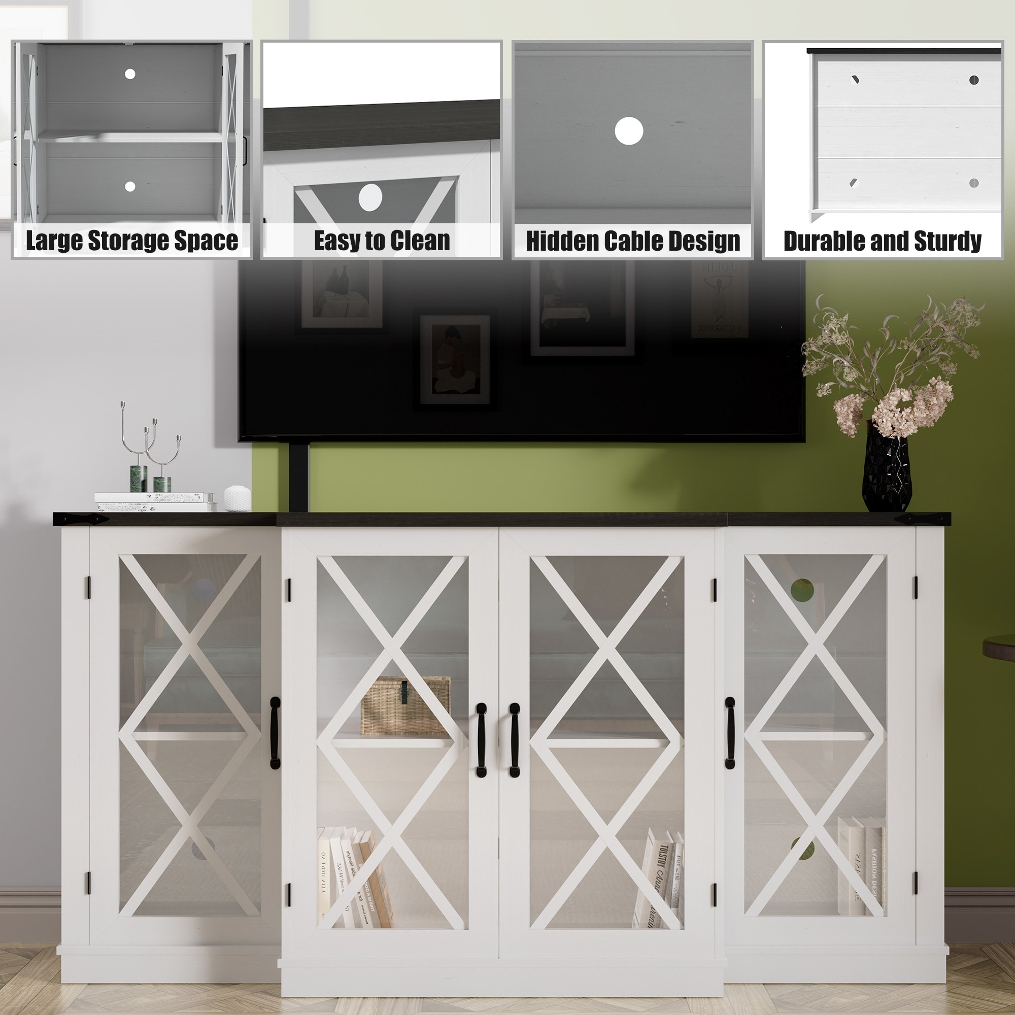 X-Design TV Stand with Barn Doors, Media Console with Wood Storage Cabinet, Entertainment Center with Adjustable Shelves