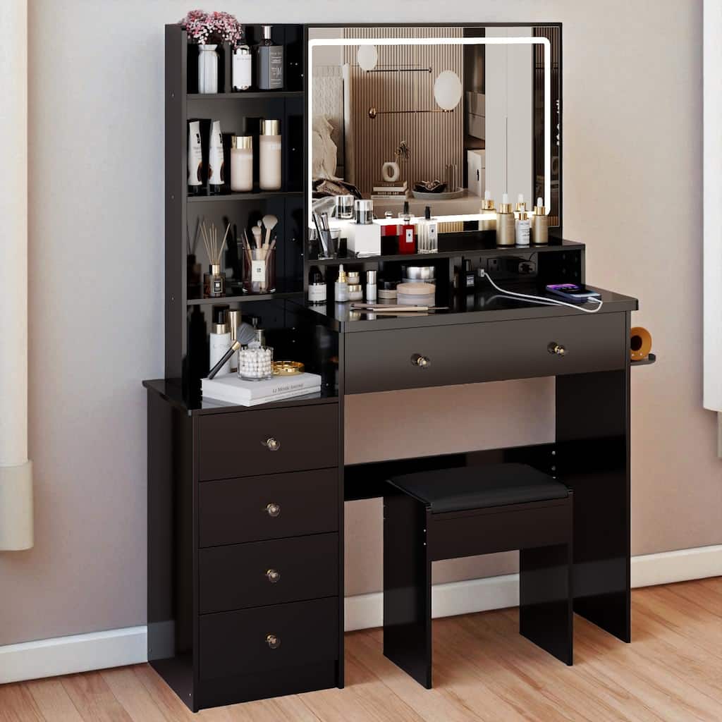 41" Vanity Table Set with Touch LED Mirror (3-Color), 2 AC + 2 USB Power Station, Hair Dryer Stand, Stool