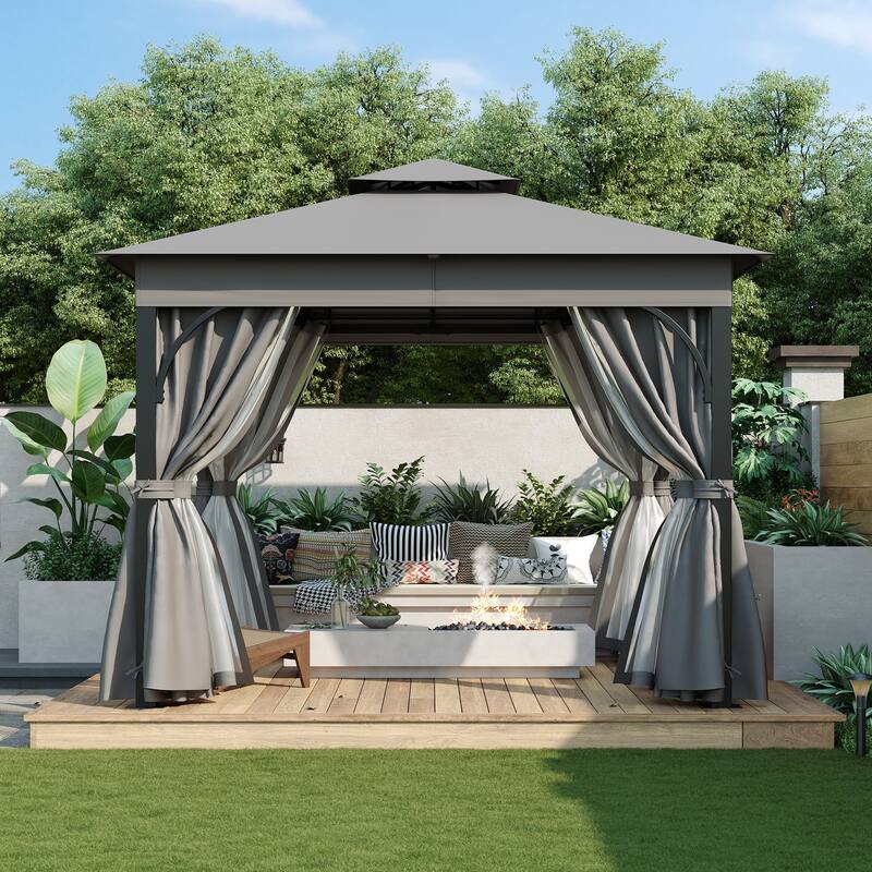 Roomfitters 10x10 FT Outdoor Gazebo with Double Roofs, Canopy, Mosquito Netting & Privacy Screens for Shade or Rain
