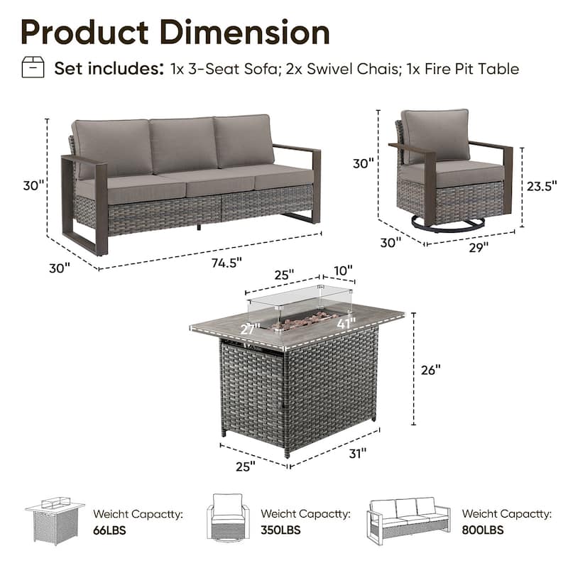 Pocassy Fire Pit Table with Outdoor Sofa Chair Ottoman Set