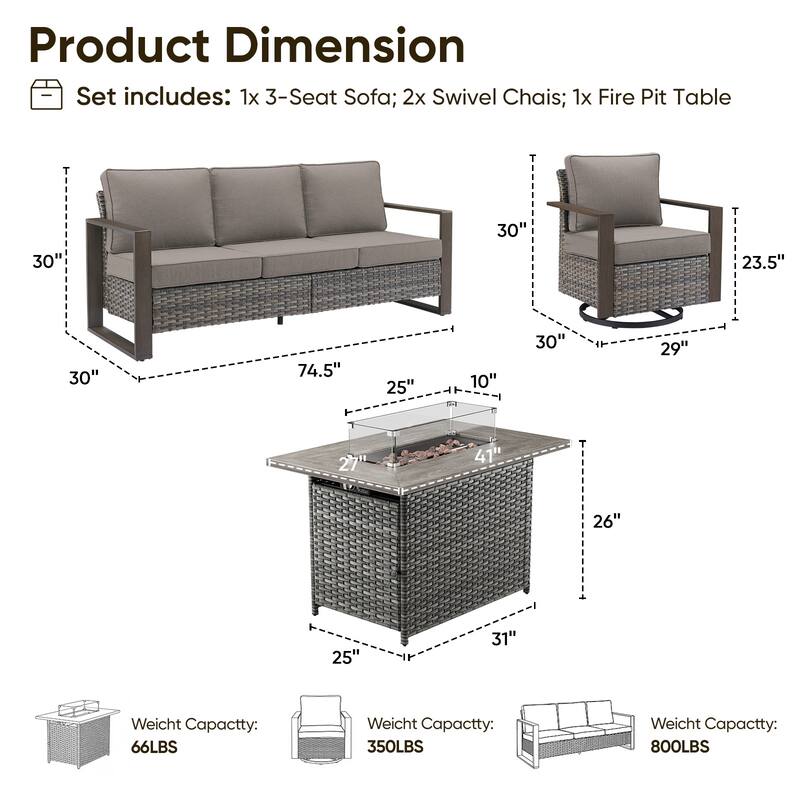 Pocassy Outdoor Wicker Sofa Swivel Chair with Fire Table Set