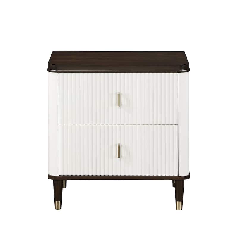 Nightstand with Slatted Drawer Fronts, Wooden Entryway Accent Table, Coffee Table with USB Port & Tapered Metal Legs - Brown white