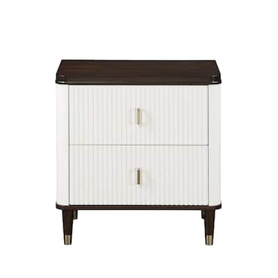 Nightstand with Slatted Drawer Fronts, Wooden Entryway Accent Table, Coffee Table with USB Port & Tapered Metal Legs