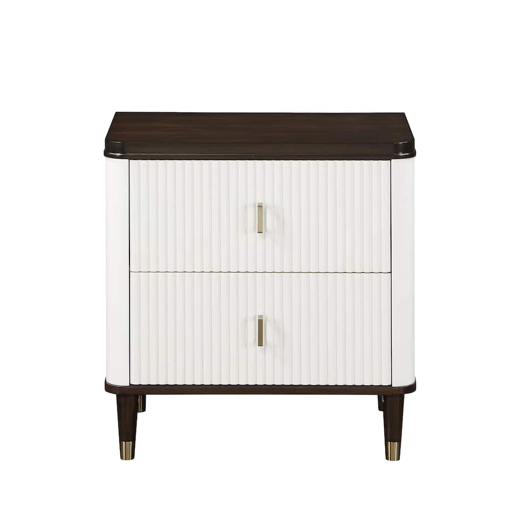 Nightstand with Slatted Drawer Fronts, Wooden Entryway Accent Table, Coffee Table with USB Port & Tapered Metal Legs