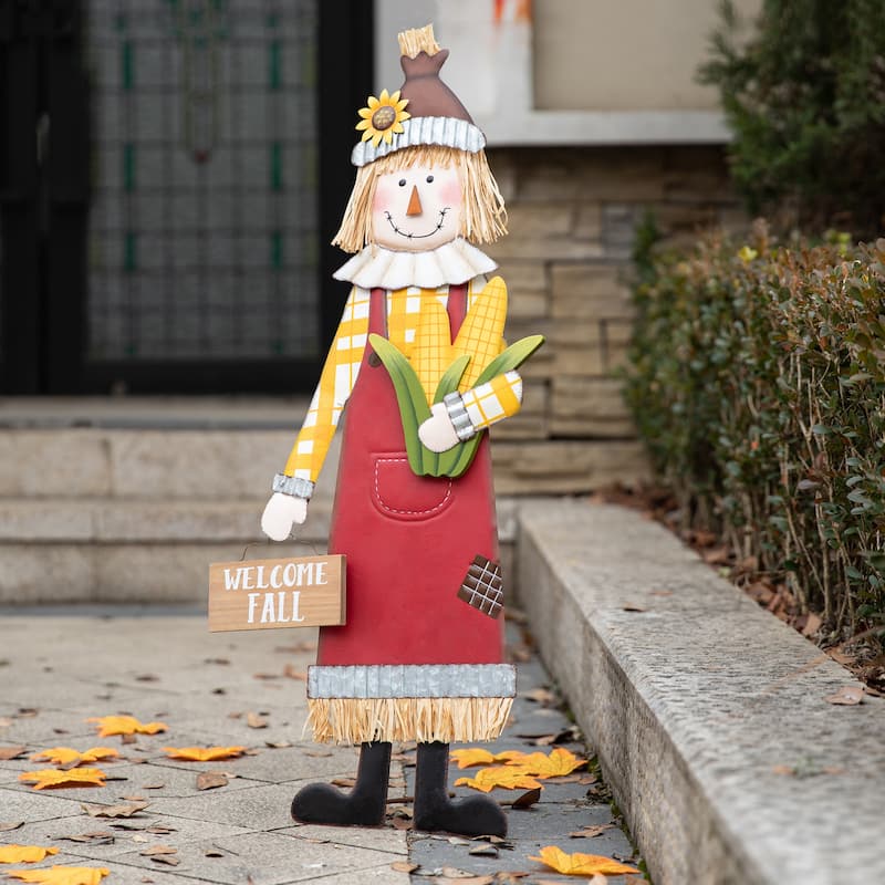 Glitzhome 36"H Set of 2 Fall Metal Cheerful Scarecrow Girl & Boy Yard Stake