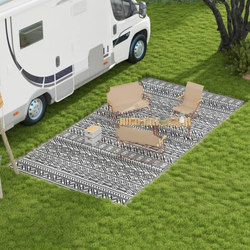 Reversible Outdoor Rug Boho Pattern, UV-Protected Foldable Polypropylene Mat with Carry Bag