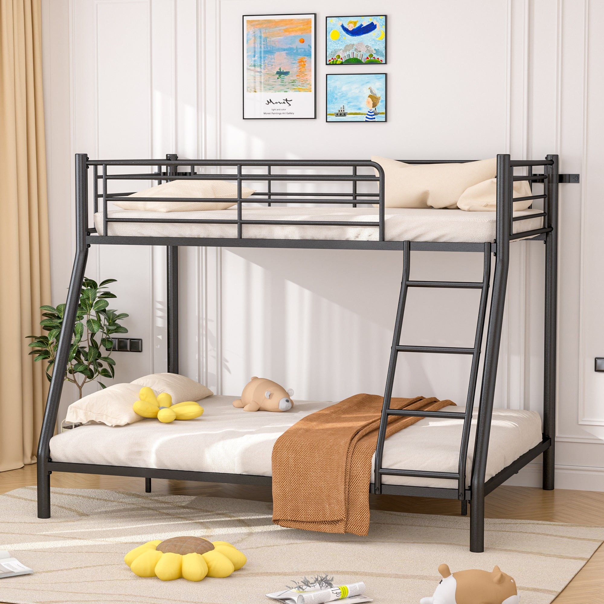 Javlergo Twin Over Full Bunk Bed, Metal Loft Bed with Ladder and Full-Length Guardrail