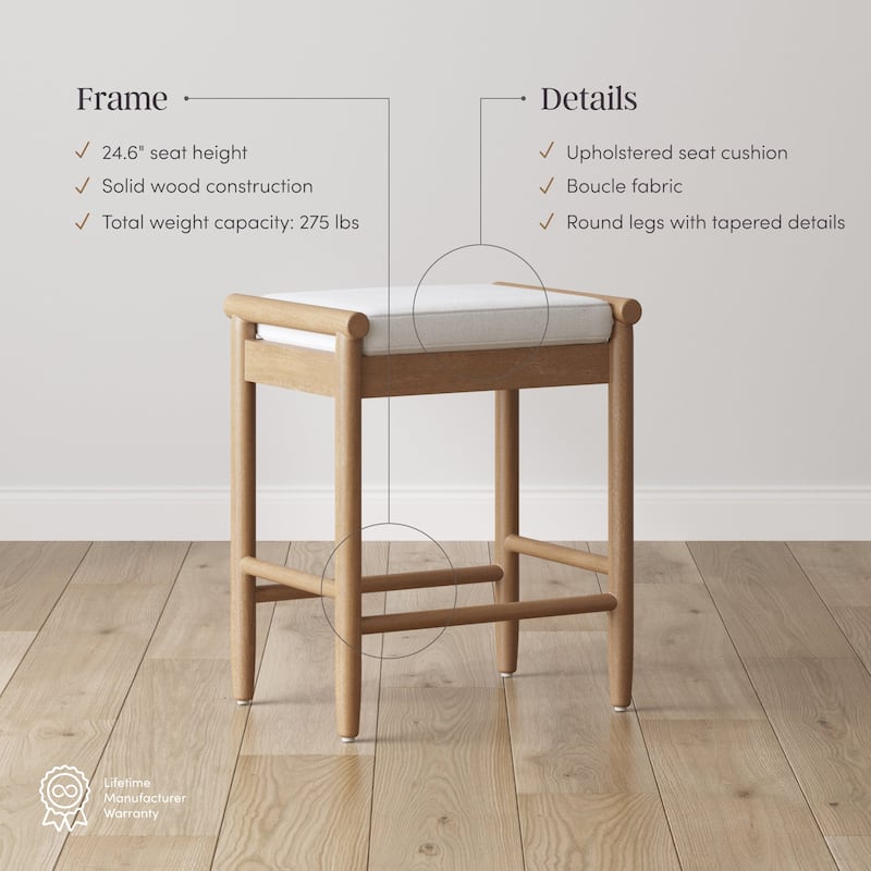 Kirsten Scandinavian Backless Wooden Bar Stool, Boucle Bar Stool with Tapered Solid Wood Legs