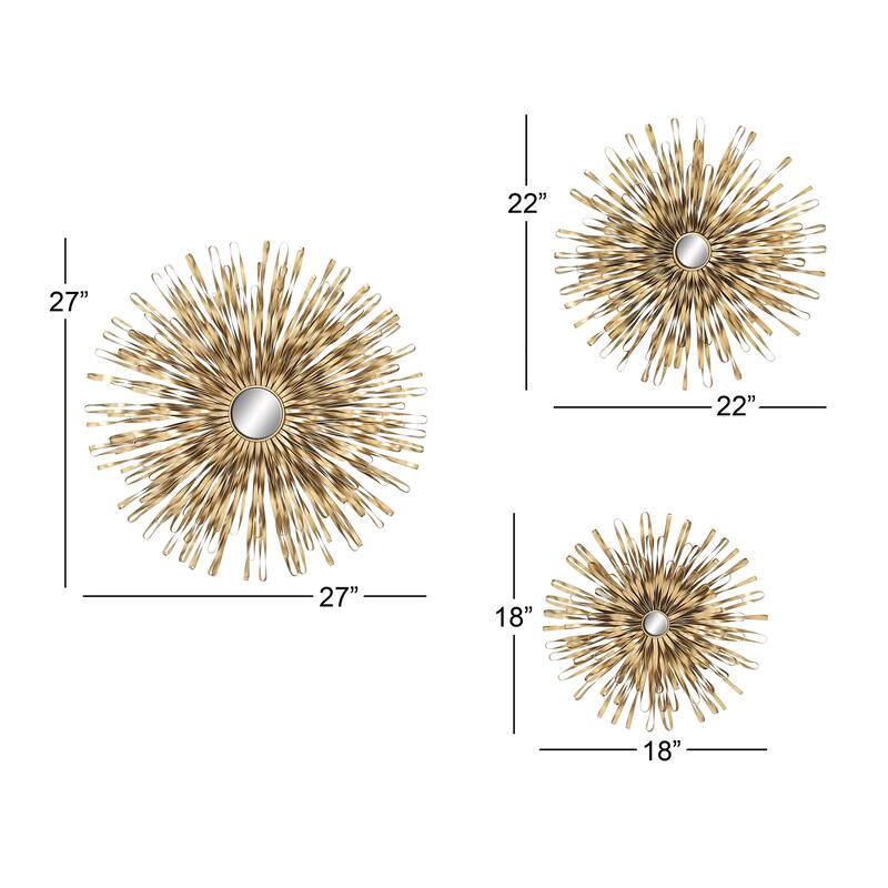 Metal Sunburst 3D Looped Home Wall Decor with Mirror Accent - Set of 3 Gold or Silver - Roche River Decor