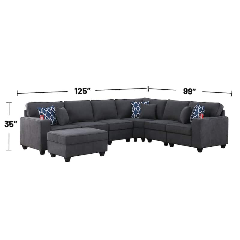 7 Piece Woven Upholstered Sectional Sofa with Ottoman in Stone Gray