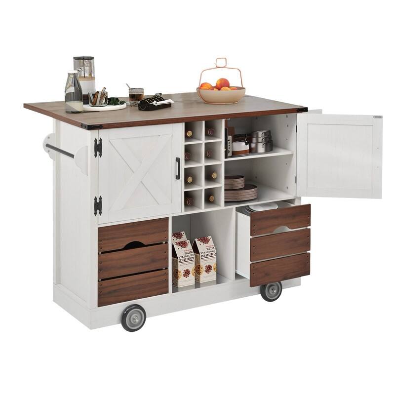 Farmhouse 54" Kitchen Island Cart with Drop Leaf Power Outlet, Rolling Kitchen Island on 4 Large Wheels with Spice Rack