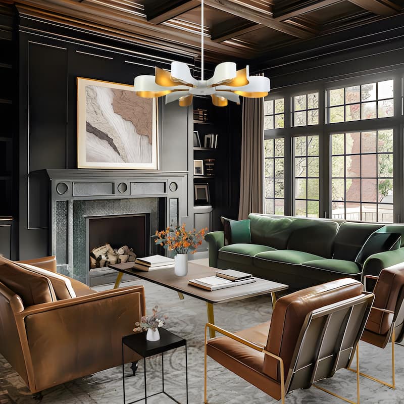 Modern White Gold 6-Light Chandelier with Flower-Design Shade for Kitchen Dining Room - 31.4 " × 3.7 "