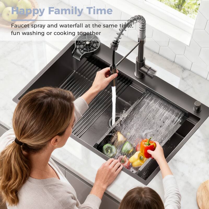 33 Inch Kitchen Sink with Pull Out Faucet Combo, Modern Single Bowl Waterfall Stainless Steel