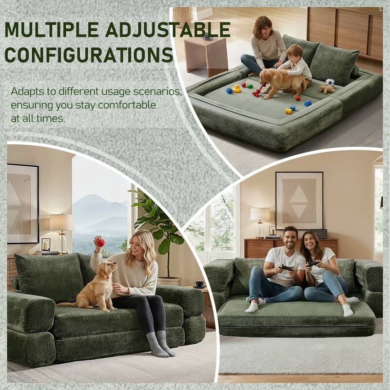 Modern Chenille Convertible Sofa Bed Queen Size Split Back Design