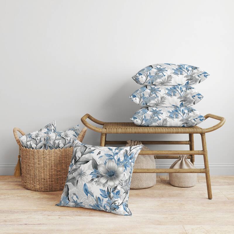 Exquisite Floral Breeze Faux Suede Reversible Throw Pillow Blue and Grey