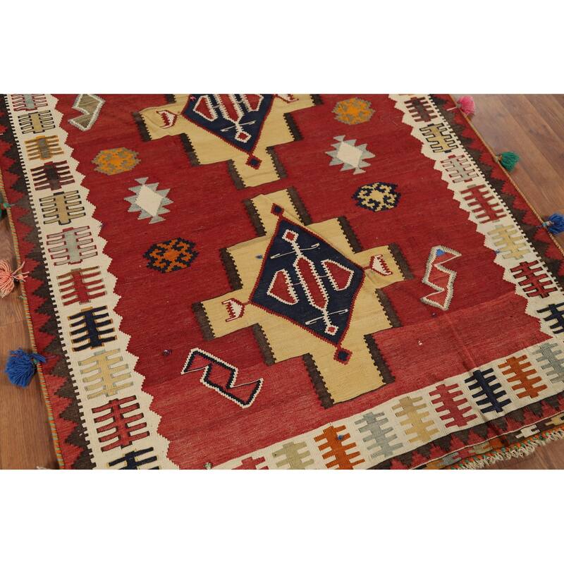 Red Kilim Qashqai Persian Vintage Rug Hand-Knotted Wool Carpet - 4'3"x 7'2"