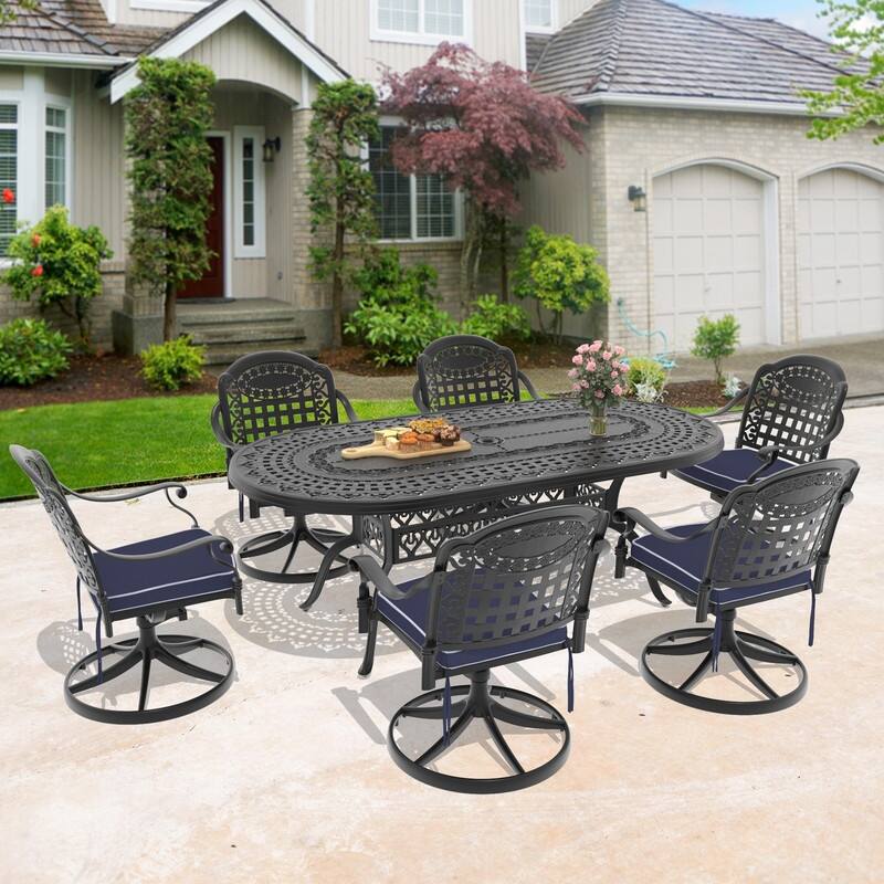 7-Piece Aluminum Oval Outdoor Patio Dining Set, 6 Cushioned Swivel Chairs, Table, All-Weather Frames