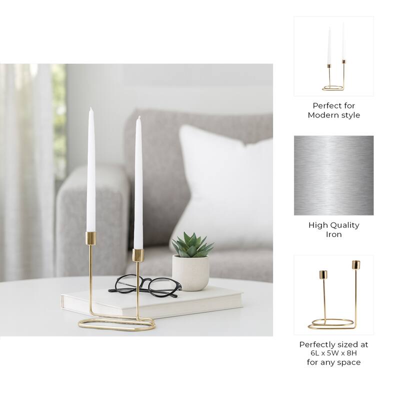 Metal Double Swirl Two Taper Candle Holder - Gold, 8 in.