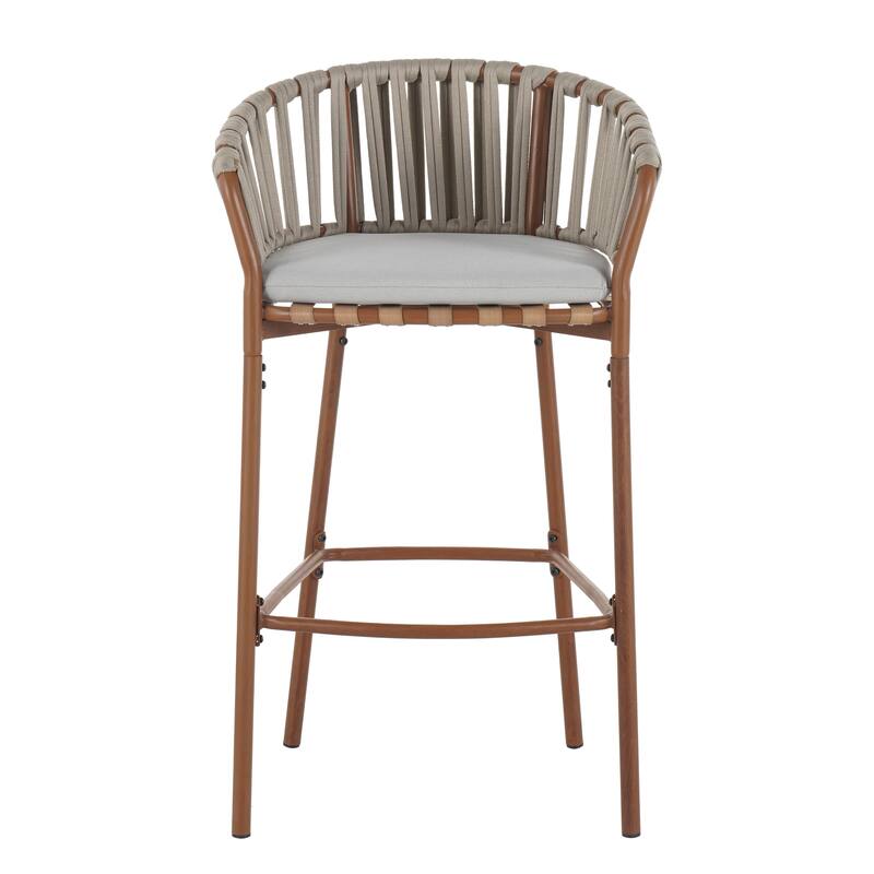 Lodi Outdoor Metal Rope Barstool, Teak Finished Frame and Beige Cushion, Set of 2