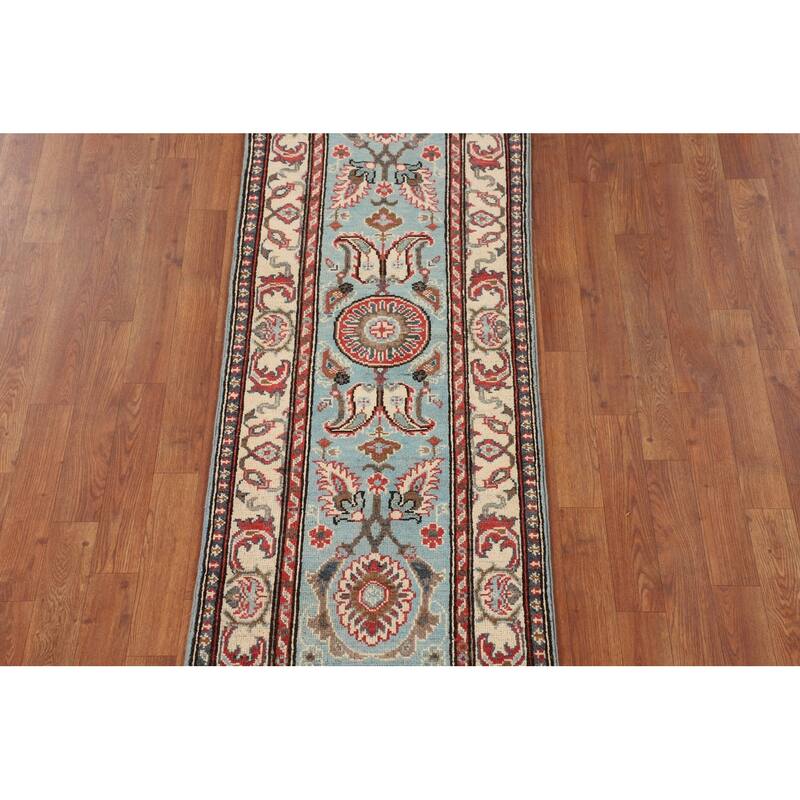 Light Blue Traditional Kazak Runner Rug Handmade Hallway Wool Carpet - 2'1" x 5'9"