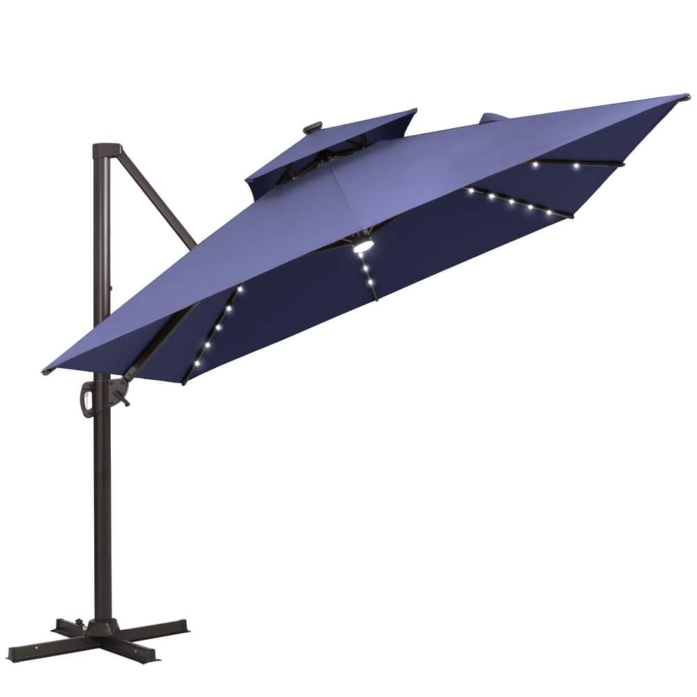 Solar LED Light 9 x 11FT Aluminum Outdoor Cantilever Patio Daul Top Umbrella without Base