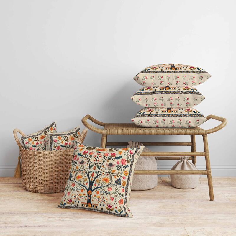 Indian Folk Art Tree Faux Suede Reversible Throw Pillow Beige and Orange