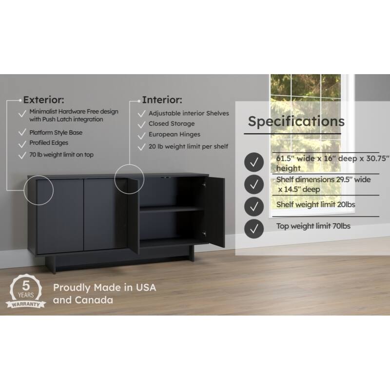 Prepac Finnley Sideboard Cabinet Buffet Cabinet with Storage, Entryway Cabinet with Adjustable Shelves