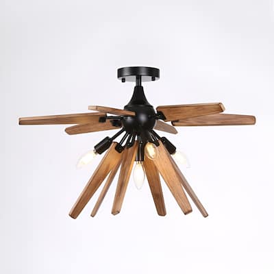 4-Light Wood Sputnik Lamp Retro Natural Wood Finish Flush Mount