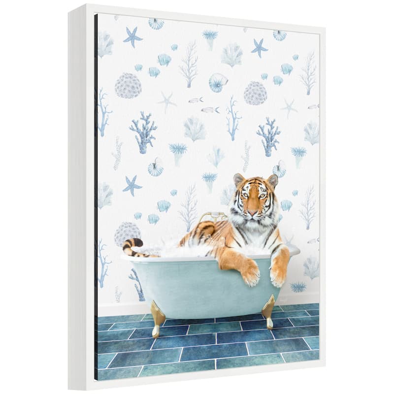 Kate and Laurel Sylvie Tiger in Under the Sea Bathtub Framed Canvas by Amy Peterson - White