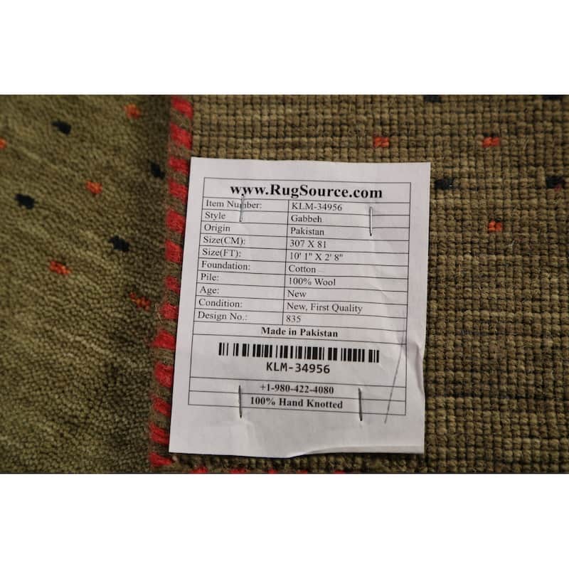 Green Gabbeh Oriental Runner Rug Hand-Knotted Wool Carpet - 2'8" x 10'1"