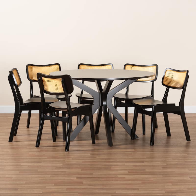 Linnet Mid-Century Modern Wood and Rattan 7-Piece Dining Set