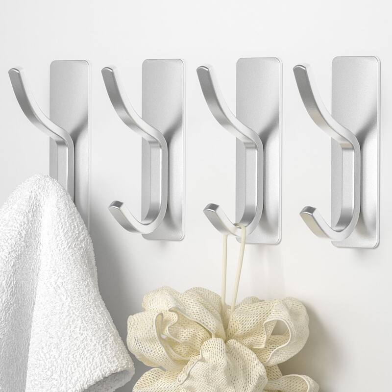 4-pack curved double hooks, multi-purpose hangers for coats, towels and bathrobes, suitable for bathroom and bedroom - Silver