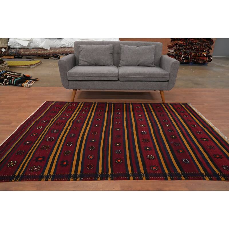 Hand Woven Oriental 100% Wool Carpet Southwestern Tribal Red Kilim Area Rug - 6' 11'' X 5' 2''