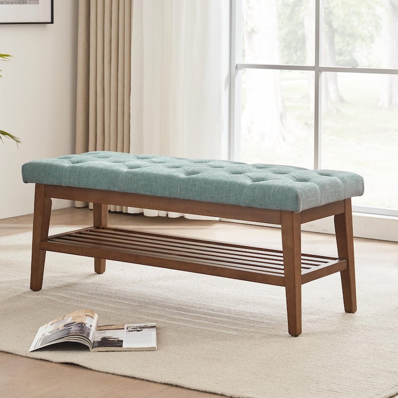 Entryway Shoe Bench Storage Bench Fabric Solid Wood, 43-inch Upholstered Bench for Living Room, Bedrooms - Green
