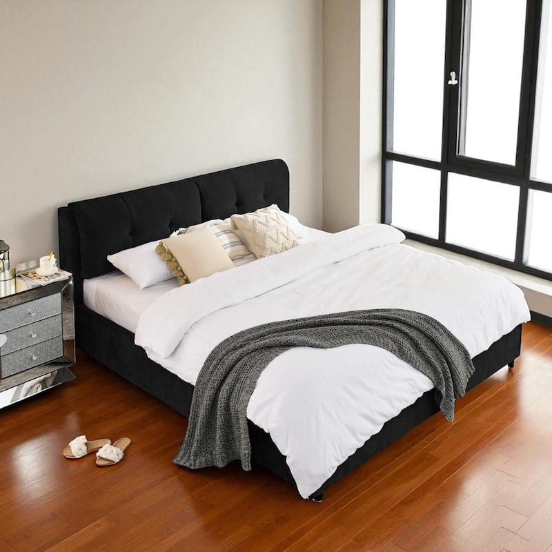 Queen/King Size Upholstered Hydraulic Storage Platform Bed with Chenille Fabric and Integrated Headboard - Black - King