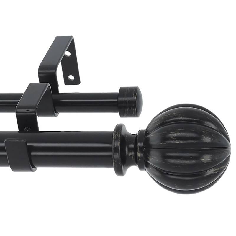 Meriville 1-Inch Diameter Double Window Curtain Rod, Fluted Ball Finial - Black - 48"-84"