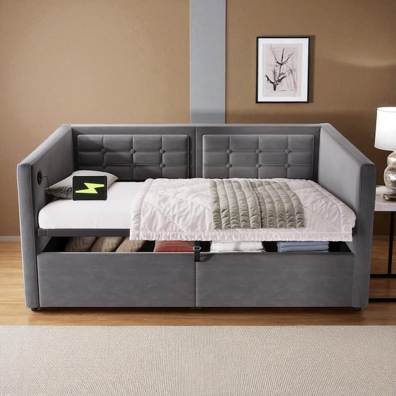 Upholstered Twin Daybed with Hydraulic Storage, USB & Type-C Charging, Velvet Frame with Wooden Slats - Grey - Twin