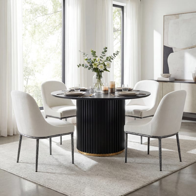 Christopher Knight Home - 5-Piece Dining Set with Metal Brass Leg Upholstered Chairs & 47.25" Round Pedestal Dining Table - Beige+Silver+Black