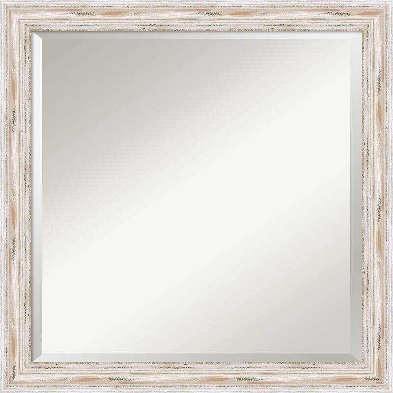 Beveled Wood Bathroom Wall Mirror - Alexandria White Wash Narrow Frame - Outer Size: 23 x 23 in