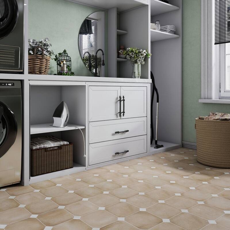 Merola Tile Laverton Octagon Beige with Taco Nieve 7-7/8" x 7-7/8" Porcelain Floor and Wall Tile