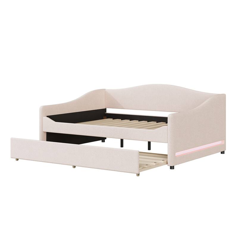 Full Size Upholstered Daybed with LED Light and Trundle
