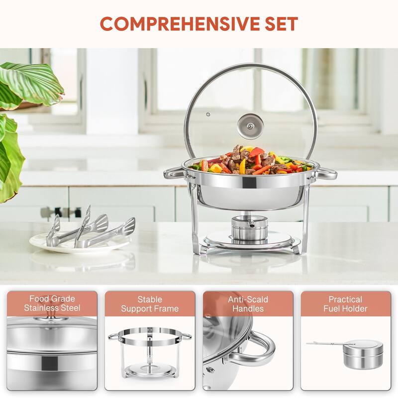 2 Pack 6 qt Stainless Steel Round Chafing Dishes Buffet Set